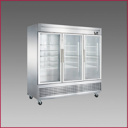 Dukers Three Glass Door Reach In Refrigerator, Bottom Mount Compressor D83R-GS3